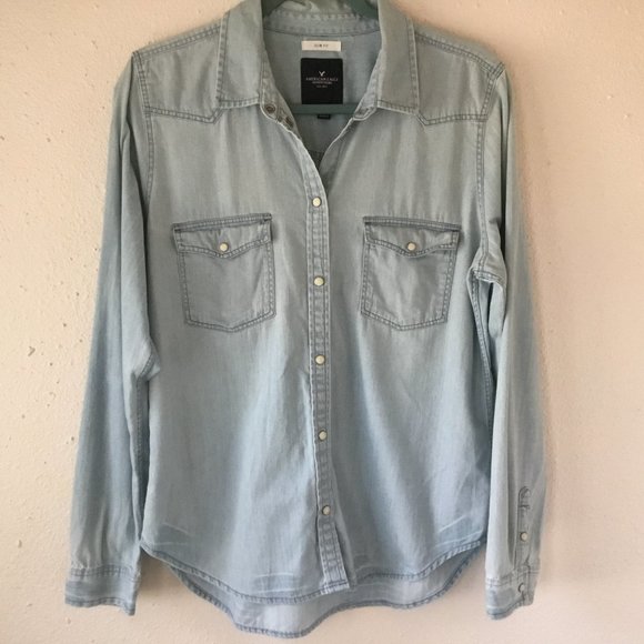 American Eagle Outfitters Tops - American Eagle Chambray Distressed Shirt